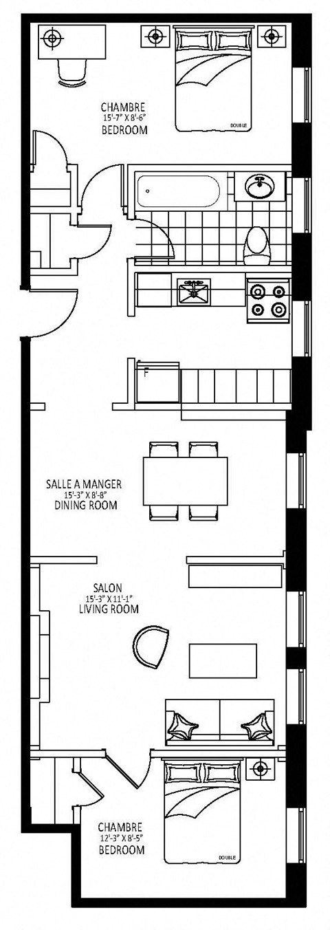 Floor plan for 2 beds, 1 bath, 870 sqft